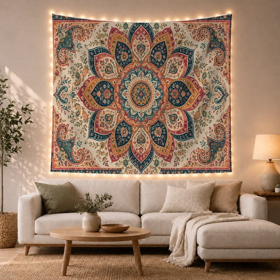 Floral Mandala With Paisley Vines on Cream, Serene Boho Style for Boho Decor Lovers, Mandala Wall Art, Housewarming Gift, Tapestry Wall Hanging for Bedroom and Living Room