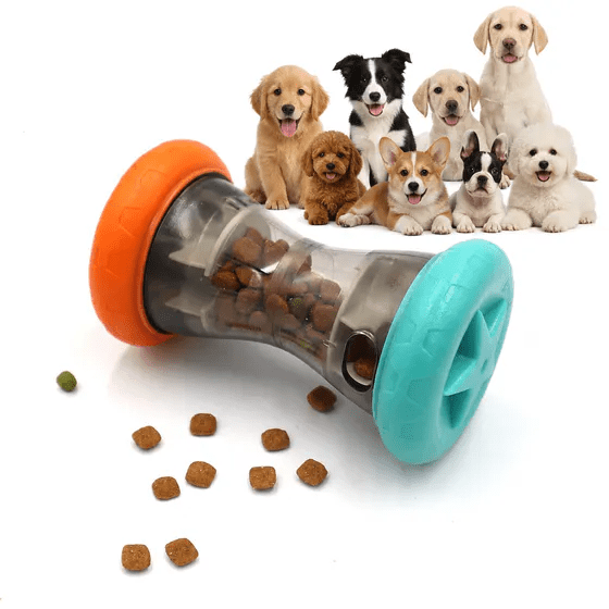 Dog Treat Dispenser Toy, Puzzle Feeder Dog Food Puzzle, Interactive Slow Feeding Dog Puzzle Toy, Boredom Relief Dog Toy for Alone Time, Rolling Barbell Enrichment Toy for Small Medium Dogs Puppies