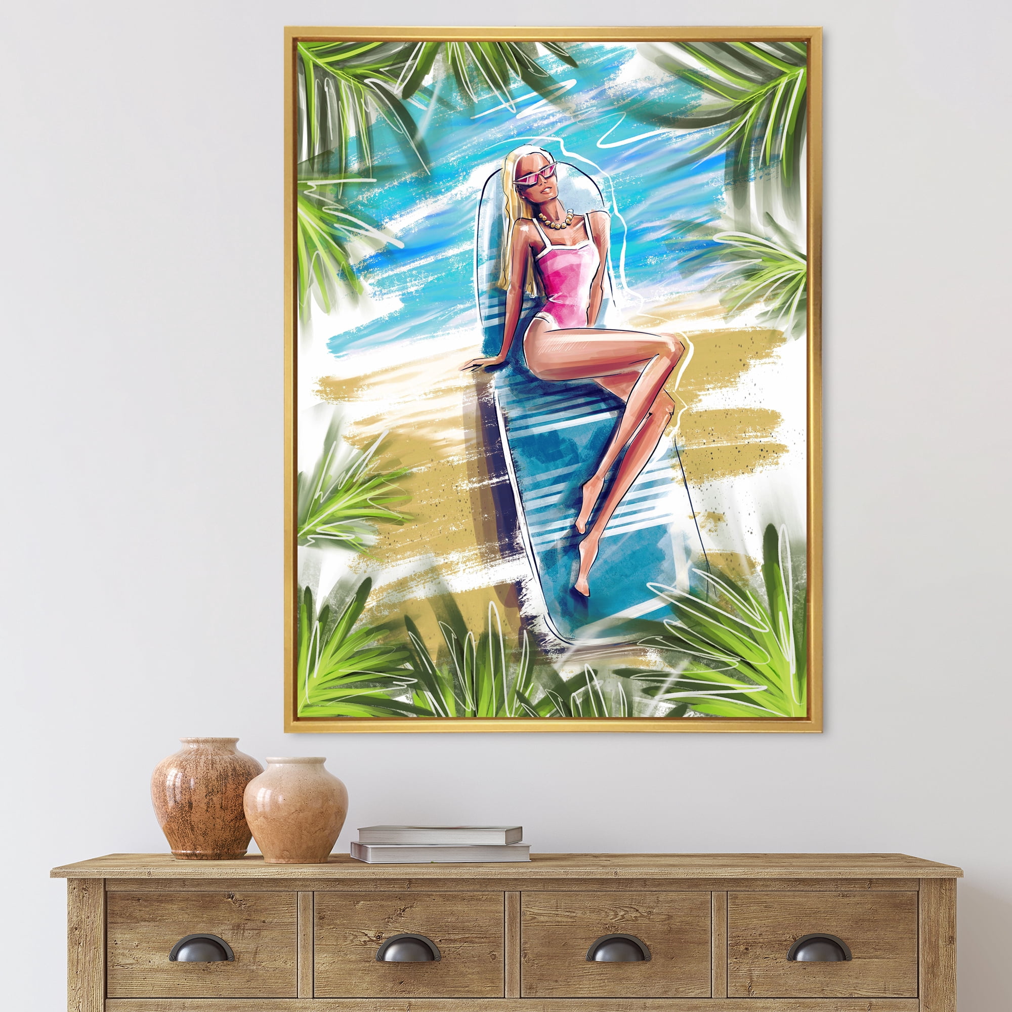 Portrait Beautiful Blond Model At The Beach Sunbathing 30 in x 40 in Framed Painting Canvas Art Print, by Designart