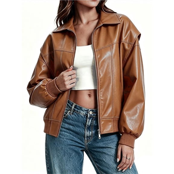 Womens Oversized Leather Bomber Jackets Cap Sleeve Zip Up Motorcycle Coats with Pockets