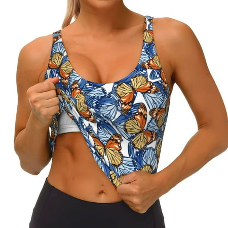Qokaie Colorful Butterfly1 Pattern Womens Scoop Neck Sports Bra Breathable Workout Vest Padded U Back Medium Impact Fitness Gym Yoga Bra Workout Crop Top