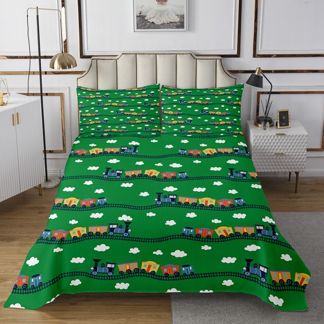 Erosebridal Steam Train Print Coverlet Set Twin, Green Bedding Set, Kawaii Cloud Decor 2 Pieces