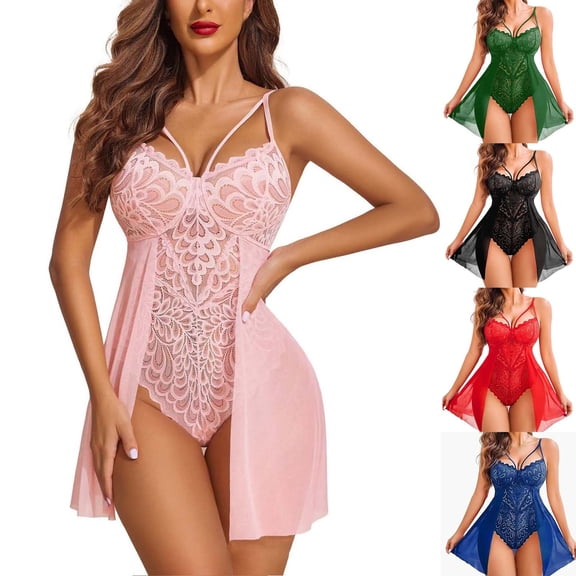 Puntoco Women Lingerie V Neck Babydoll Dress Lace Chemise Sleepwear Mesh Nightgown with Thong Red XL(XL)