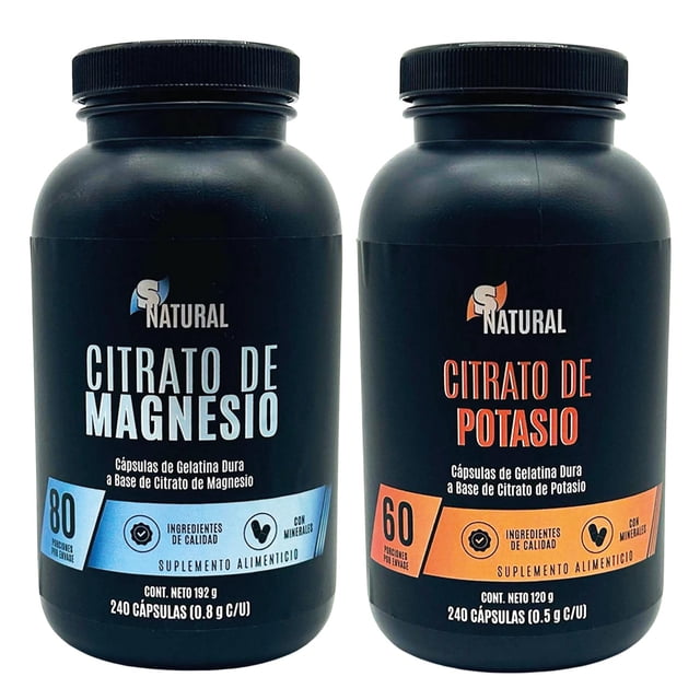 citrato de potasio y citrato de magnesio 240 cápsulas c/u snatural negro — Dos frascos negros frontales, uno etiquetado 'Citrato de Magnesio' con banda azul y otro 'Citrato de Potasio' con banda naranja; logo SNatural arriba, leyendas '240 cápsulas c/u' visibles y tapas roscadas negras, vista centrada sobre fondo blanco. Su tamaño los hace también adecuados para colocarse juntos en un botiquín doméstico.