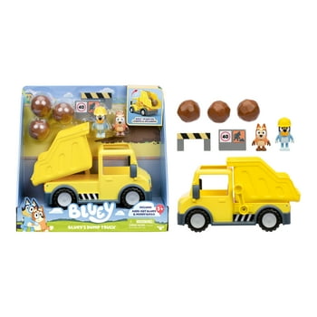 Bluey Dump Truck Play Vehicle with Exclusive Hard-Hat Bluey and Muddy Bingo, Toys for Kids 3-6 Years