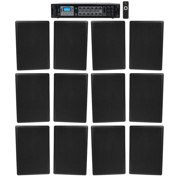 Rockville 6-Zone 70v Amplifier (12) Slim Black Restaurant/Bar/Cafe Wall Speakers