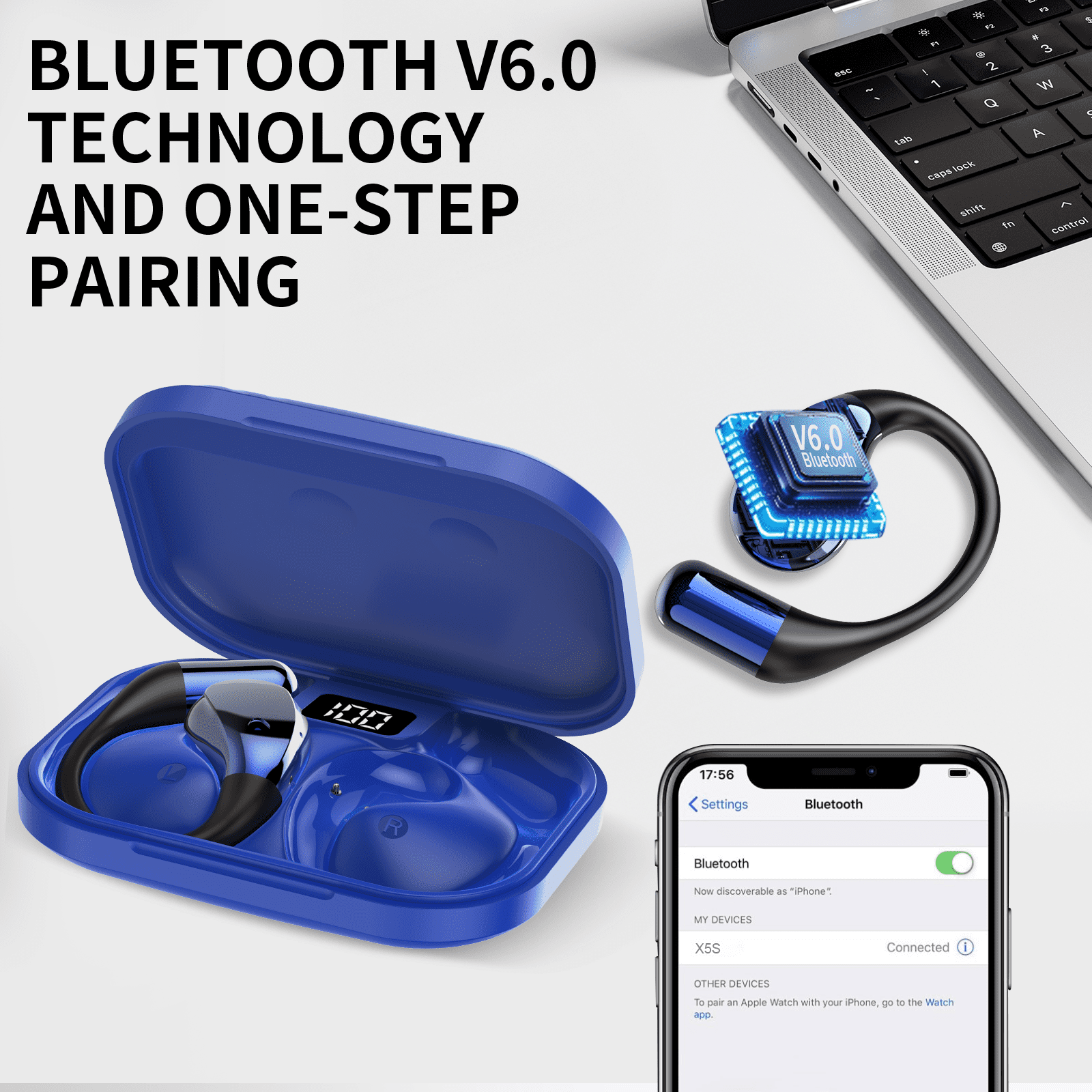 Open Ear Earbuds, Non-In-Ear Comfortable Earhook Wireless Earbuds with Bluetooth 6.0 and ENC Clear Calls, 48H Playtime, Bluetooth Headphones for Sport, Travel & Daily Wear, Waterproof Earphones