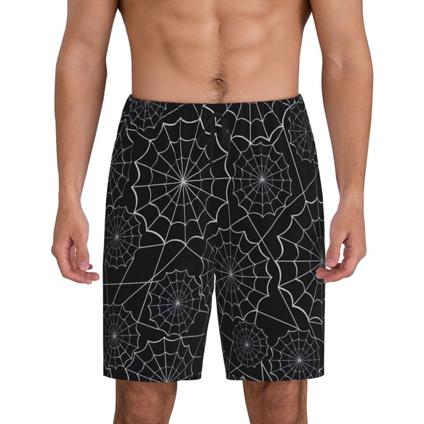 Balery Spider Web Black Pantalones cortos de pijama de punto de algodón para hombre con cinturilla y bolsillos-Small