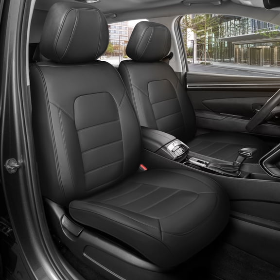MotorBox Classic Edition Faux Leather Seat Covers for Cars, Trucks, & SUV - 2 Black Car Seat Covers for Front Seats - Universal Fit Car Accessories Interior Protector for Most Vehicles