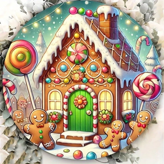 HELLOYOUNG Ginger bread House Metal Wall Sign 7.8" Round Iron Plate - Festive Home Decor for Door Porch Living Room Bedroom Unisex Gift 1pc