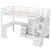 Pinovk Twin Size Loft Bed with L-Shaped Desk and Drawers, Cabinet and Storage Staircase, White