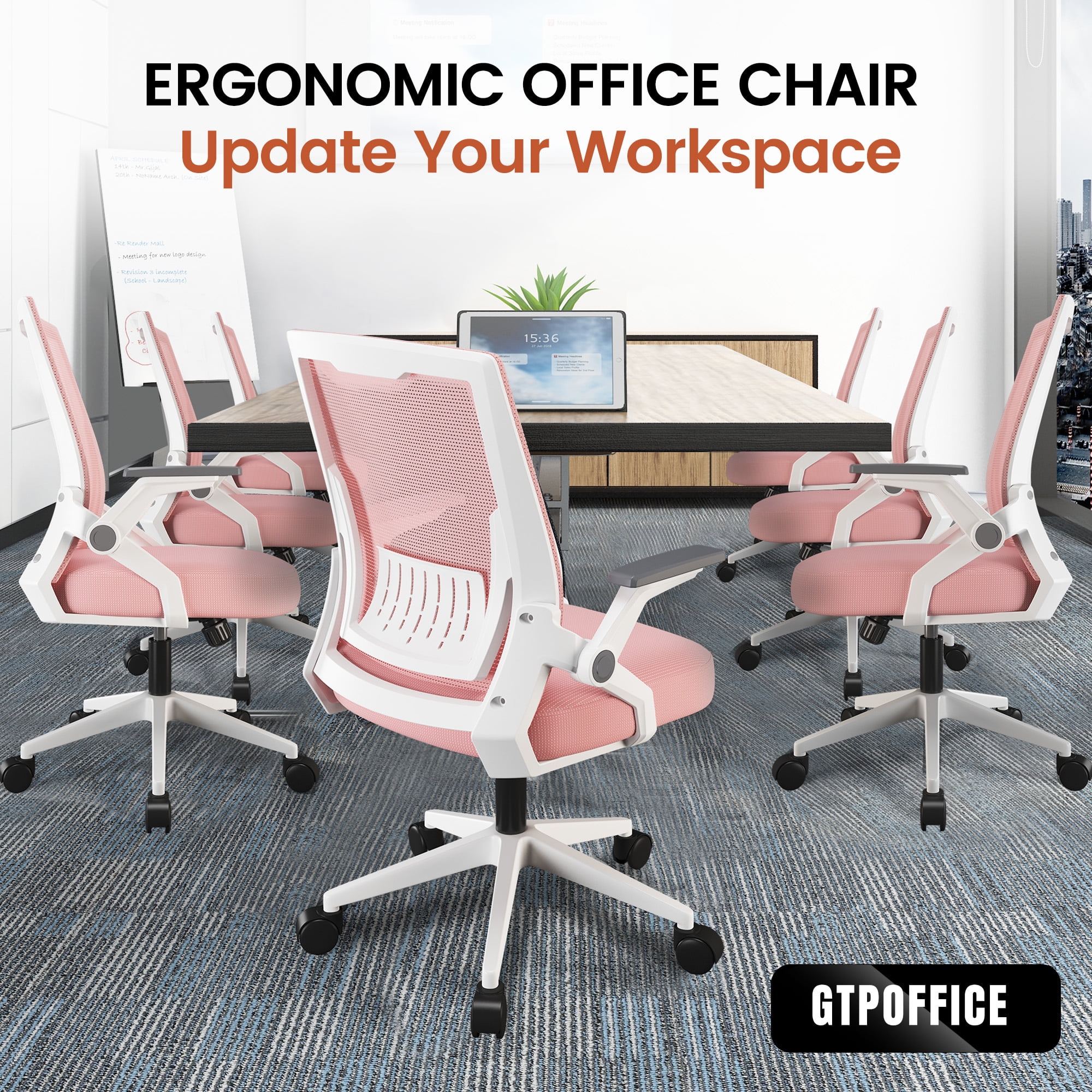 CloudRest Pro Mid Back Mesh Office Chair with Flip-Up Armrests for home office, Pink