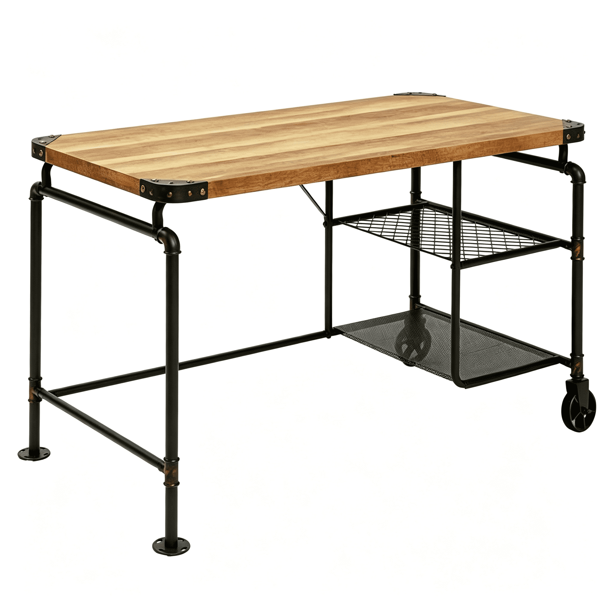 Astoutdoor Industrial Style Desk with Open Shelves and Casters, Antique Black Finish