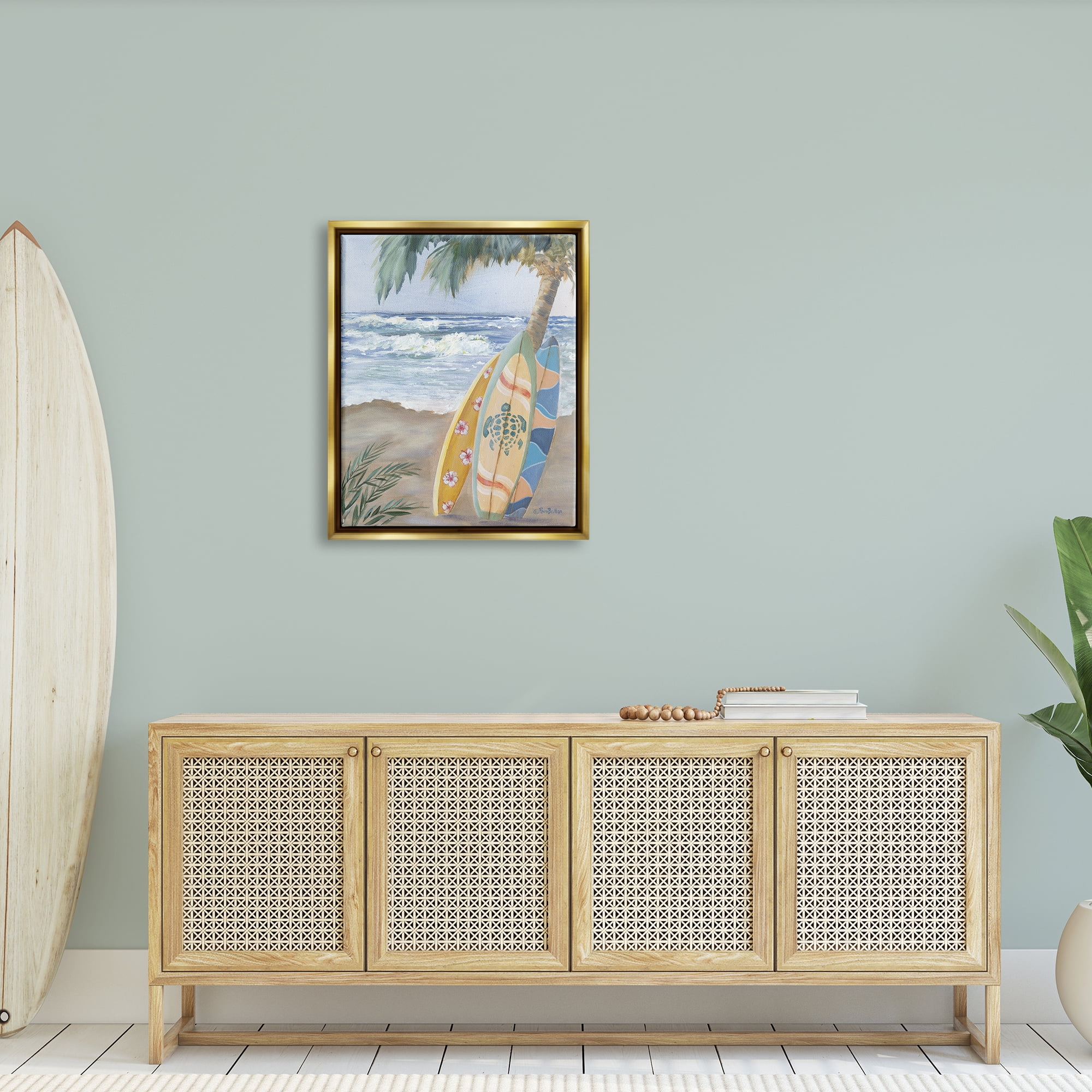 Stupell Fun Summer Surfboards Leaning Palm Tree Landscape Painting Gold Floater Framed Art Print Wall Art