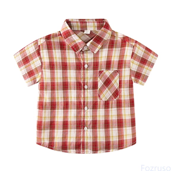 Fozruso Toddler Boys Summer Short Sleeve Plaid Pattern Button Down Shirts with Pockets Classic Loose Shirts Sizes 18-24 Months
