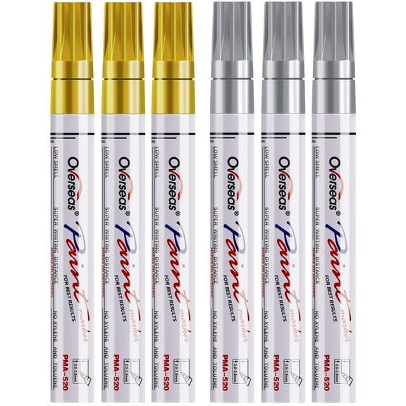 Overseas Paint Marker Pens, 6 Pack with Permanent Oil Based Metallic Paint Pens, Medium Tip, Assorted Colors