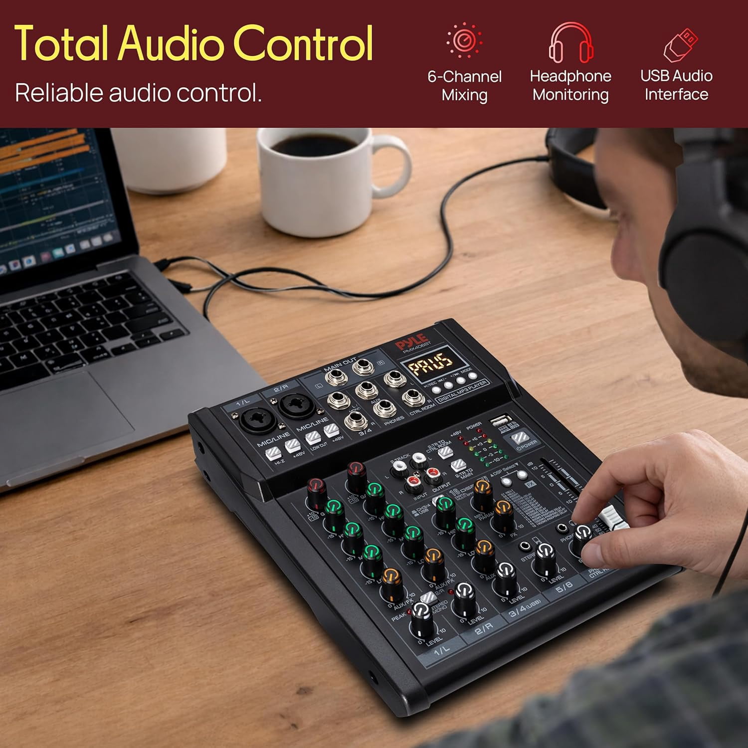 Pyle 6-Channel Audio Mixer – Bluetooth DJ & Studio Mixing Console with DSP Effects, Phantom Power, MP3/USB Player, LED Display, Front Panel Controls for Recording, Stage & Home Use (Black)