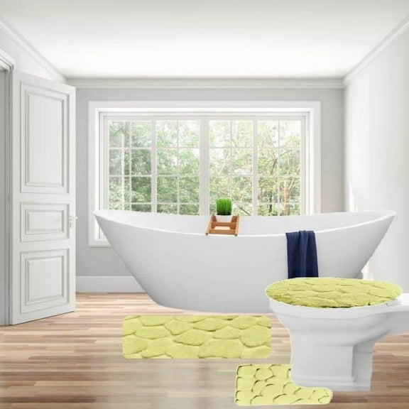 Sage green color BS#6 bathroom dcor mat rug 3pc Set, shaggy chenille plush large rug, Contour Mat and Toilet Lid Cover Non-Skid Rubber Backing