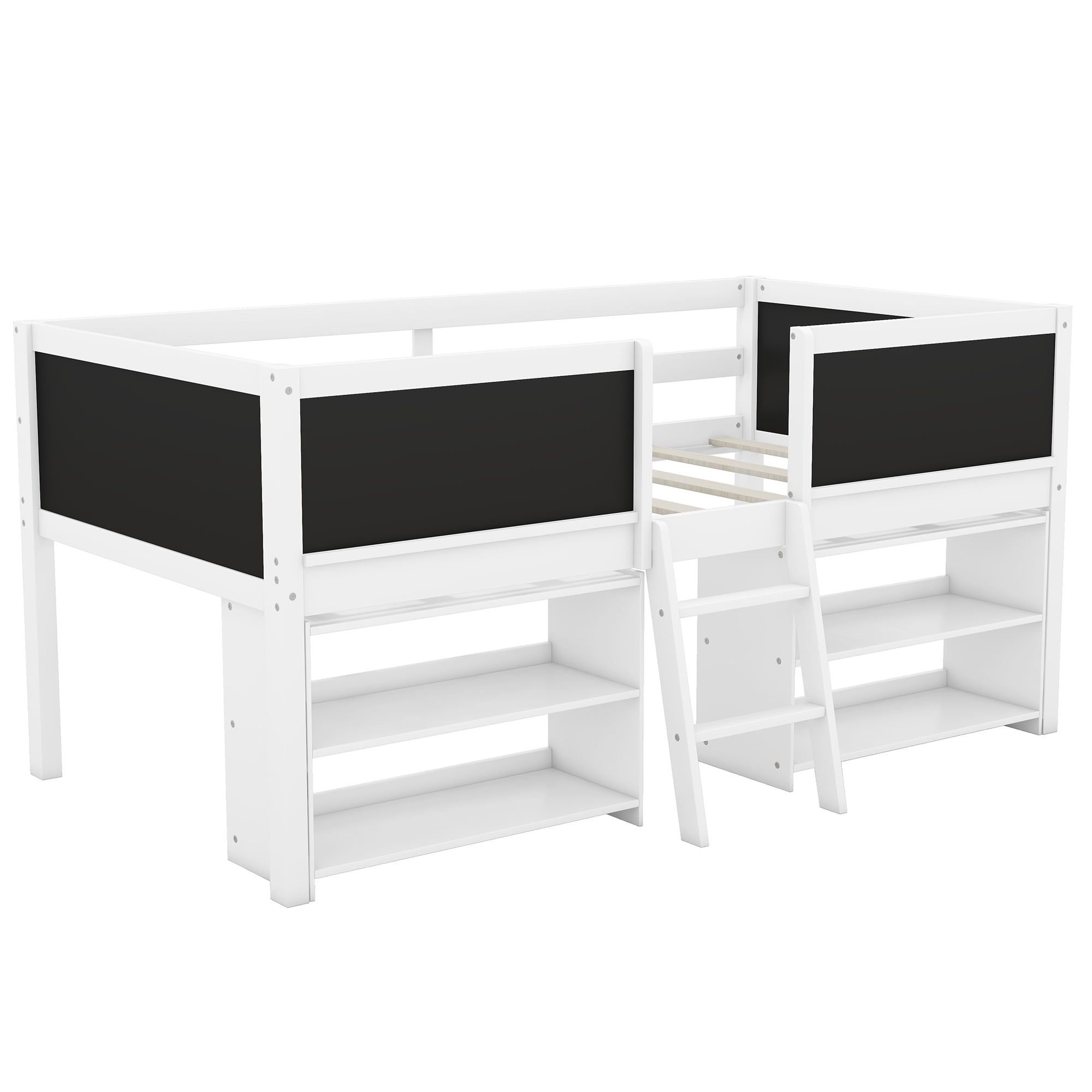 Euroco Wood Twin Loft Bed with Chalkboards for Bedroom, Low Profile Bed with Blackboard and Shelves for Kids Teens, White