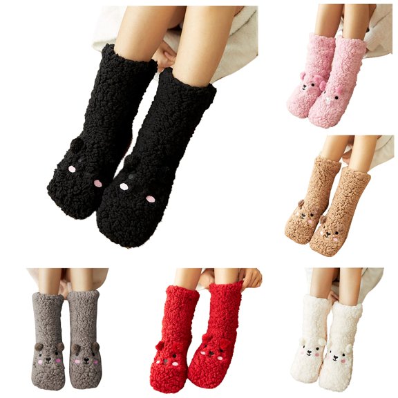 Huowey Fuzzy Crew Socks For Women Cute Animal Theme Thick Floor Casual Socks Cozy Fall Winter Warm Lounging Home Socks,Black