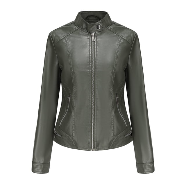 Yuyuzo Leather Jackets for Women Long Sleeve Half Stand Collar Motorcycle Zip up Cropped Jackets with Pockets