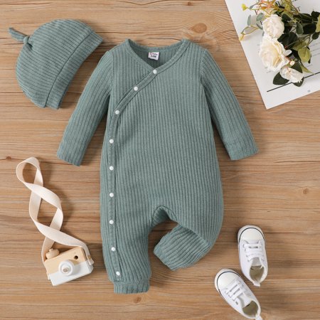 

PatPat 2pcs Baby Boy/Girl Solid Rib Knit Button Front Long-sleeve Jumpsuit with Hat Set