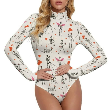 Long Sleeve Bodysuit for Women  Halloween Love Skull Turtle Neck Body Suits Tops Jumpsuit for Womens Tummy Control  Fall Winter Outfits Fashion Clothes for Women 2024