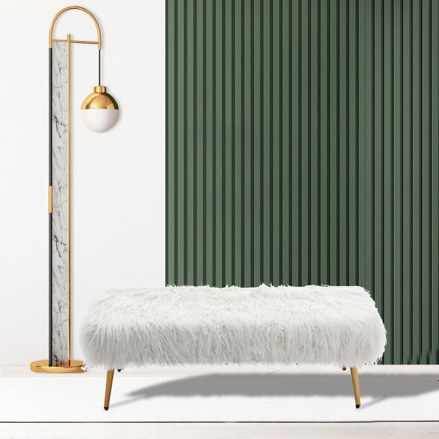 White Faux Plush Ottoman Bench, Modern Fluffy Upholstered Bench for