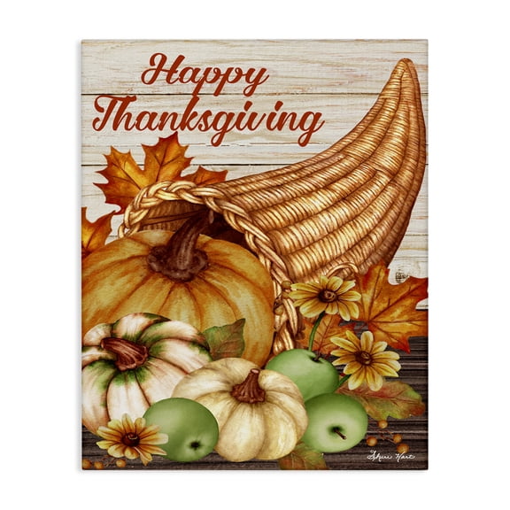 Stupell Industries Farmhouse Happy Thanksgiving Harvest Cornucopia Canvas Art, 16 x 20, by Sheri Hart