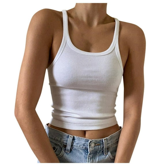 iOPQO tank top for women Women's Casual Fashion Solid O-neck Navel Slim Camisole Top womens tank tops White L