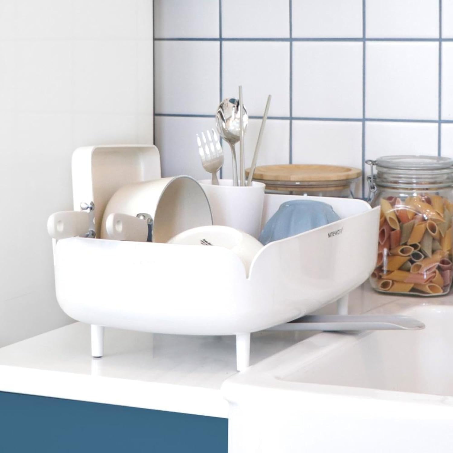 Nineware Sleek Dish Drying Rack with Spoon Holder, Compact Dish Drainer, Stylish Countertop Organizer with Drainage Spout for Small Kitchens & Apartments, Made in Korea (Cream White)
