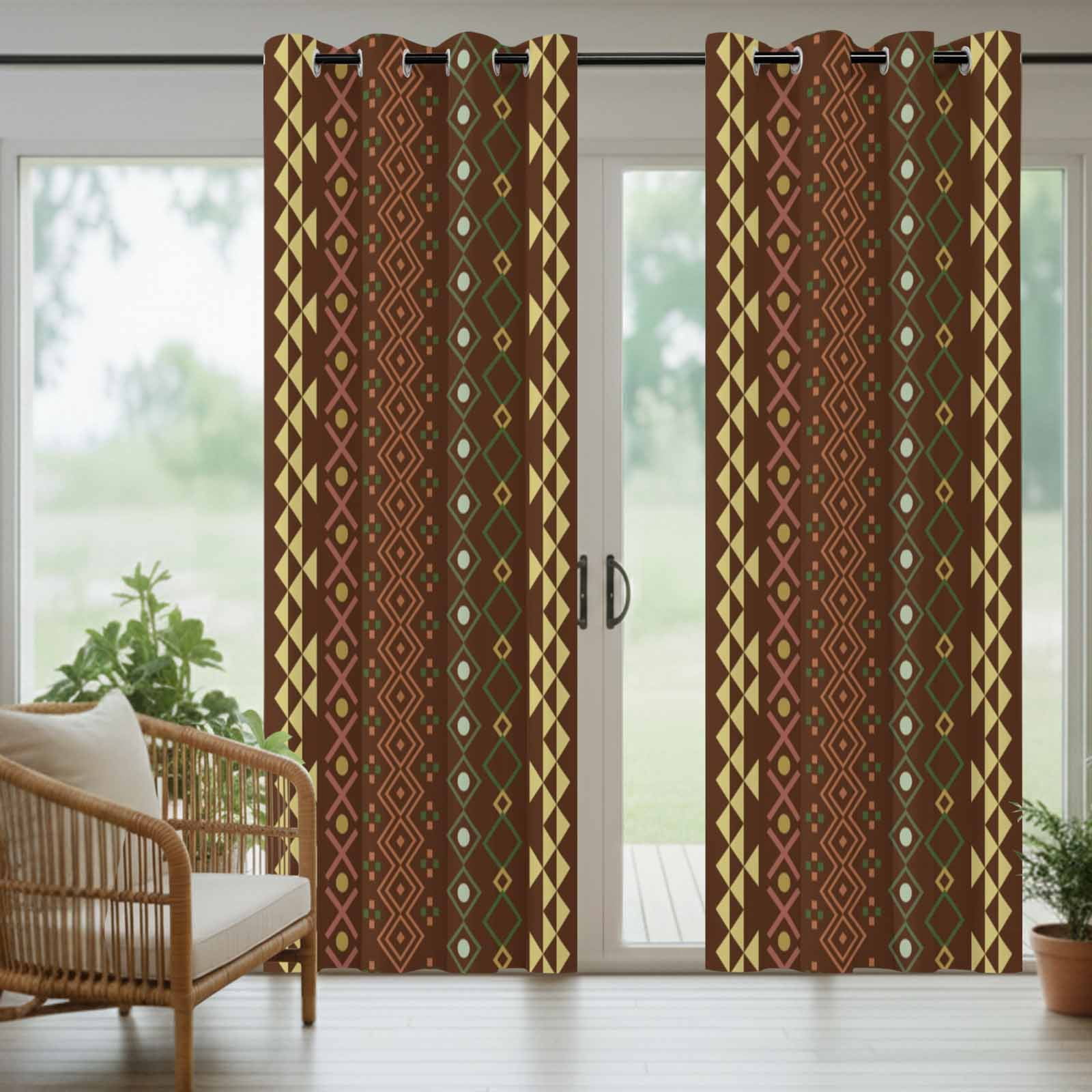 Ethnic Stripes Outdoor Curtains for Patio, Boho Dark Red Yellow Geometric Argyle Dots Sunshade Privacy Drapes Grommet Waterproof Outside Curtains for Porch/Cabana/Balcony 54"x 108", 1 Panel