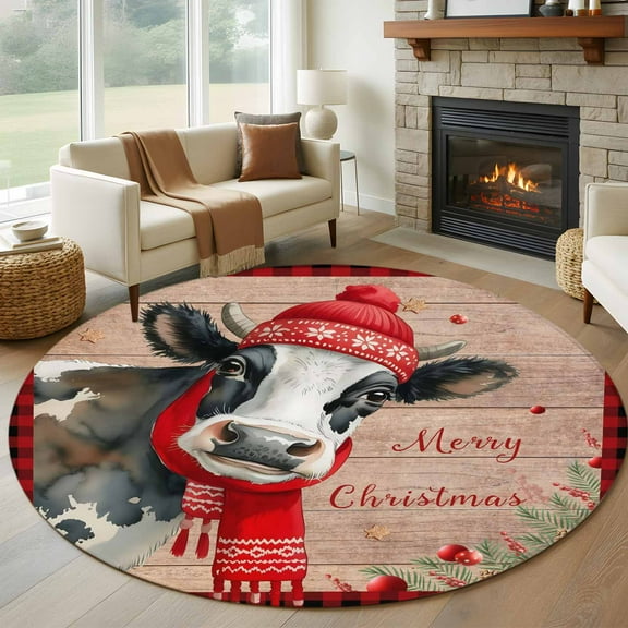 Red Christmas Round Rug 5ft Washable Circle Kitchen Rugs Non Slip Cow Farmhouse Plaid Xmas Botanical Wooden Large Area Rug Indoor Floor Carpet for Bedroom Living Room Home Office Dining Room Nursery