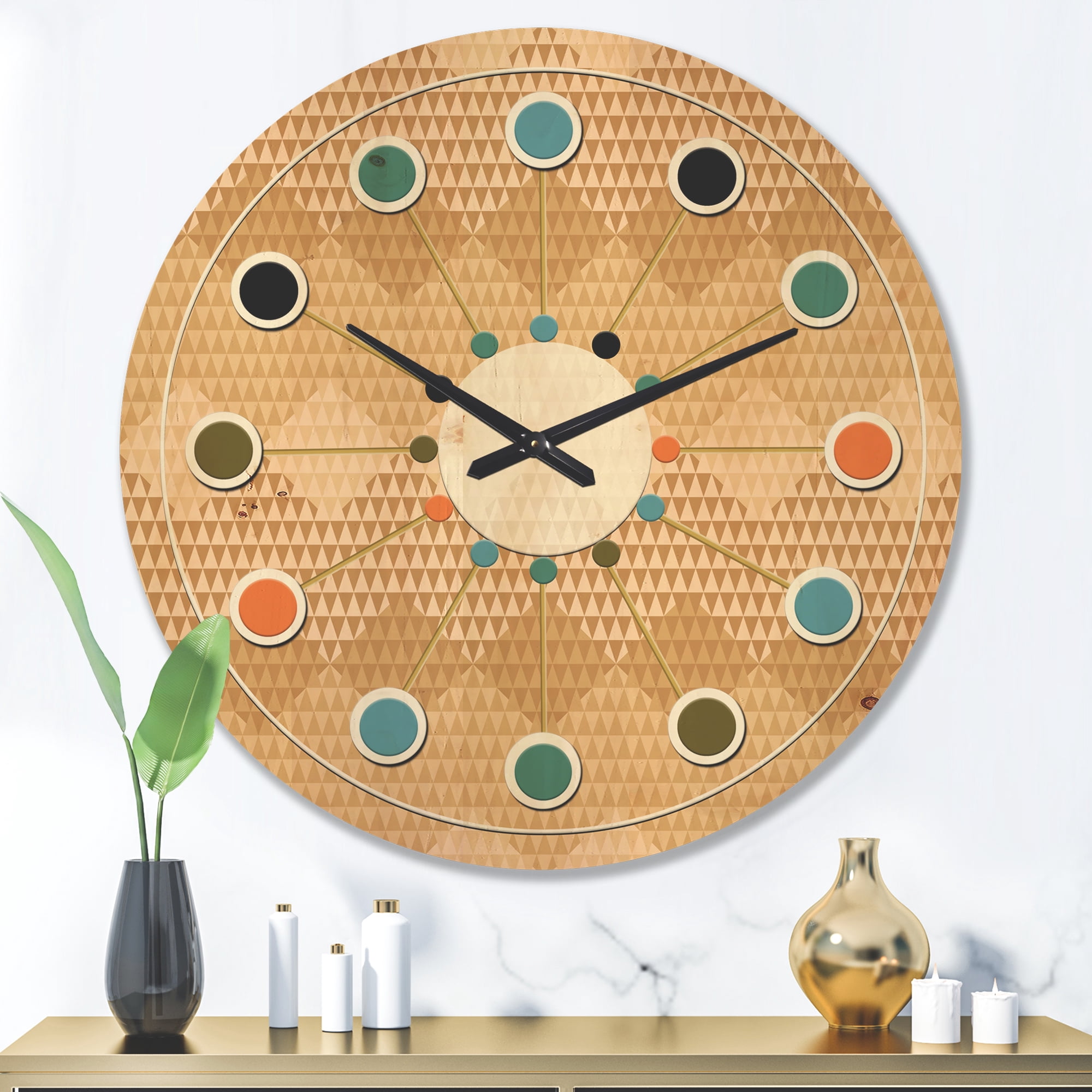 Designart 'Beige Retro Pattern Triangular Wave' Mid-Century Modern Wood Wall Clock