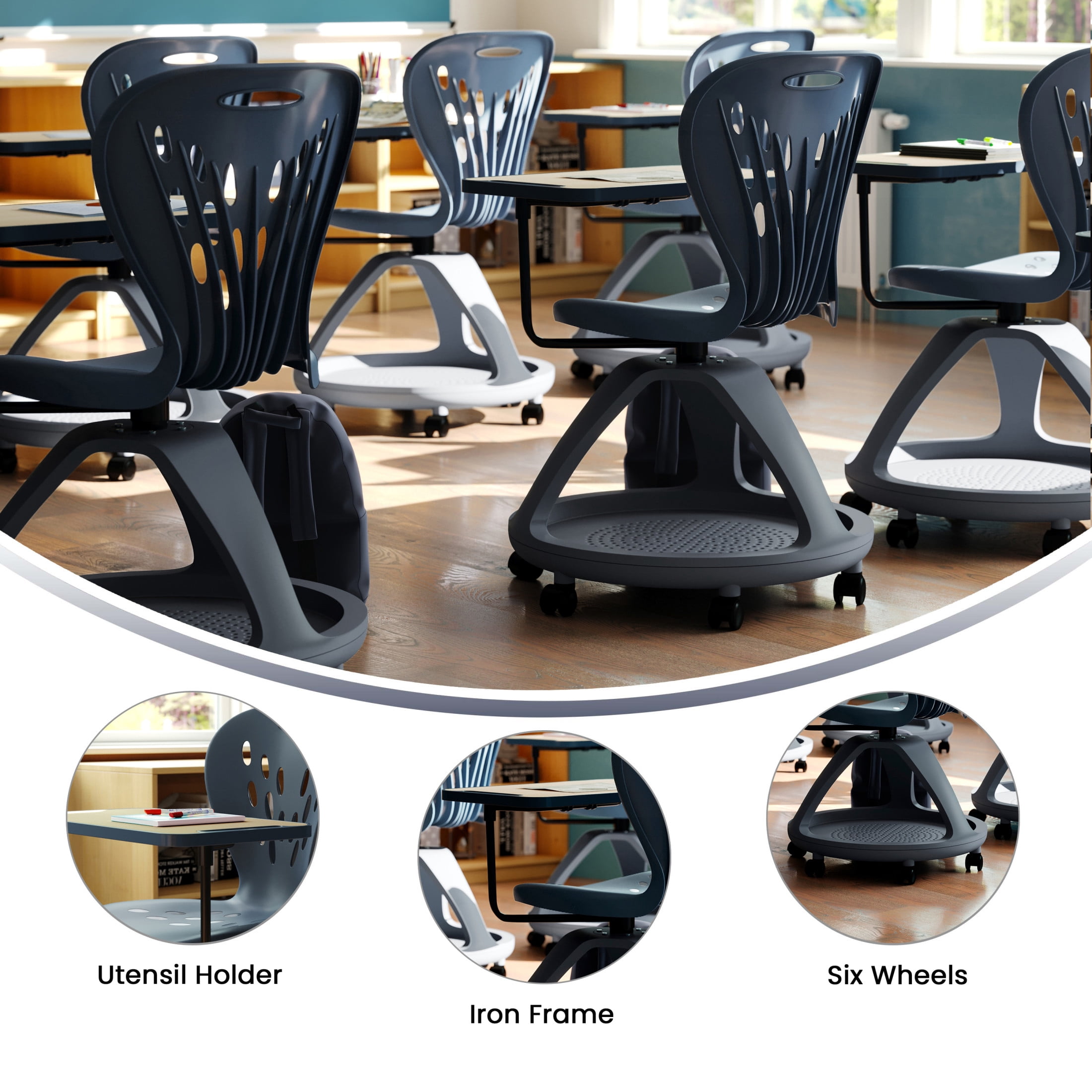 Flash Furniture Dark Gray Mobile Desk Chair with 360 Degree Tablet Rotation and Under Seat Storage Cubby