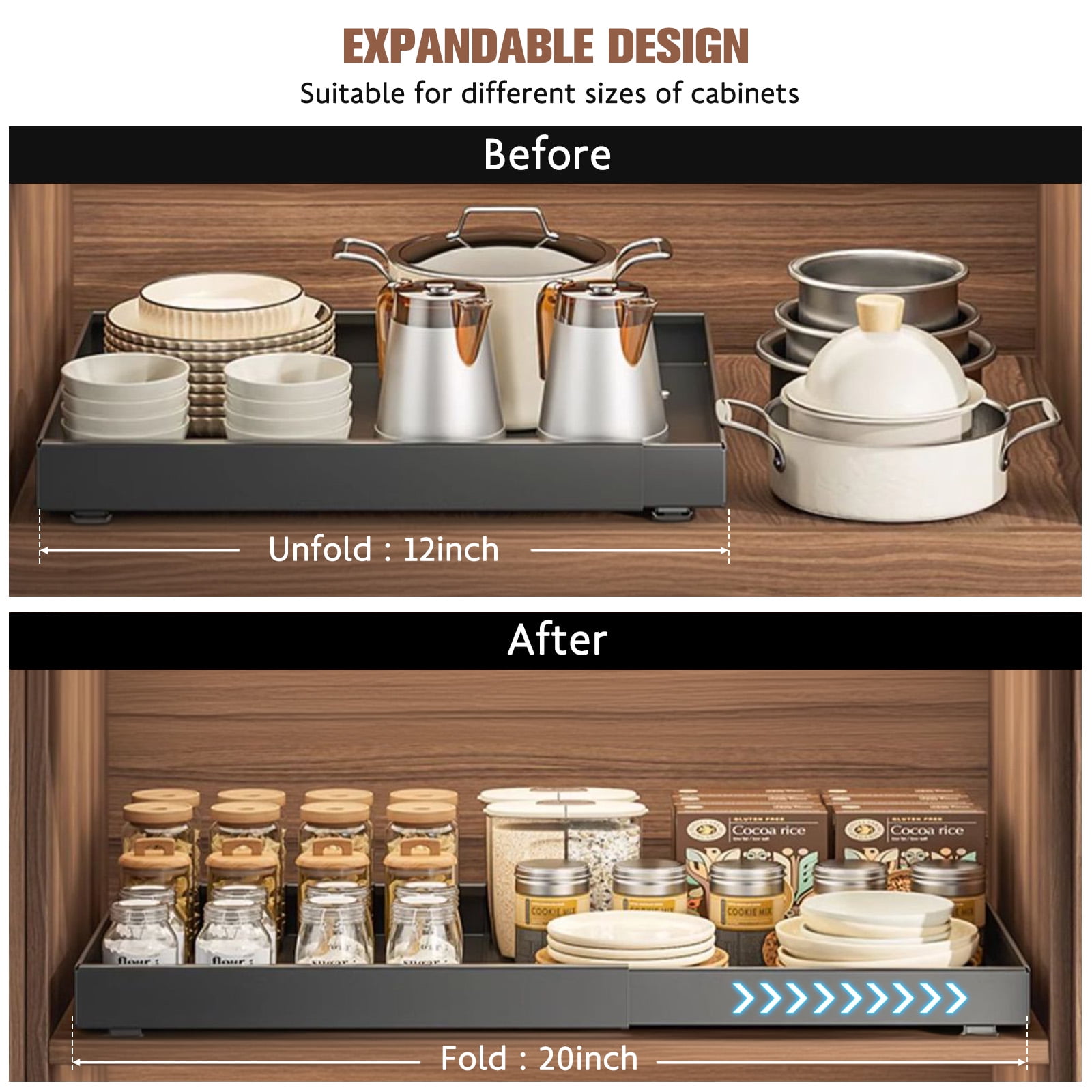 2PCS Expandable Pull-Out Cabinet Organizer with Adhesive Nano Film Fixed Slide out Drawers Under Sink Pull-Out Home Organizers Adjustable Length 12.5"-20.5" for Kitchen Cabinets(Black)