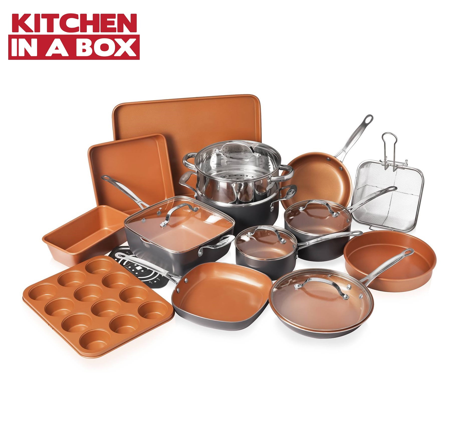 Gotham Steel 20 Piece All in One Kitchen Cookware + Bakeware Set with Nonstick Durable Ceramic Copper Coating  Includes Skillets, Stock Pots, Deep Square Fry Basket, Cookie Sheet and Baking Pans