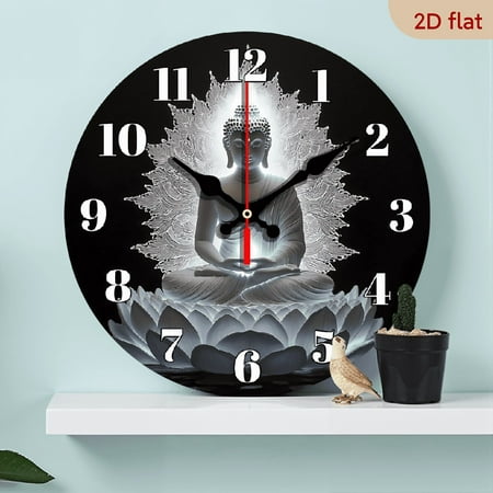 2D Flat 1pc 10Inch Buddha for Lotus pattern wooden wall clock, silent clock with light effect design, suitable for living room, bedroom, kitchen, office decoration, modern home art decoration