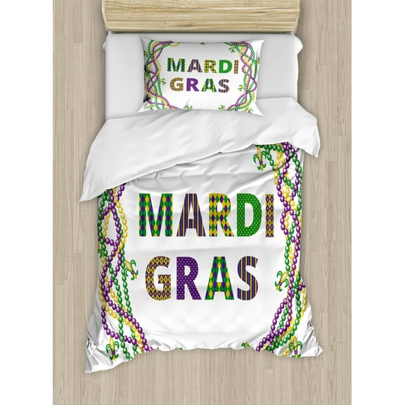 Mardi Gras Duvet Cover Set, Vivid Beads Circular Frame with Lettering Traditional Patterns Print, Decorative 2 Piece Bedding Set with 1 Pillow Shams, Twin Size, Purple Green Yellow, by Ambesonne
