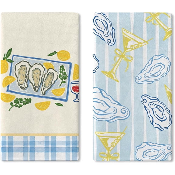 Coastal Oyster Martini Kitchen Dish Towels Set of 2, Watercolor Beach Shell Seafood Cocktail Drying Hand Towel Baking Cooking Cloth, Blue Plaid Striped Lemon Bathroom Home Decoration 18''x26''