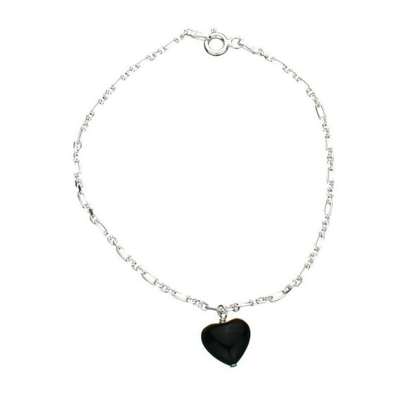 Sterling Silver Charm Bracelet Black Onyx Stone Heart, 7.5"