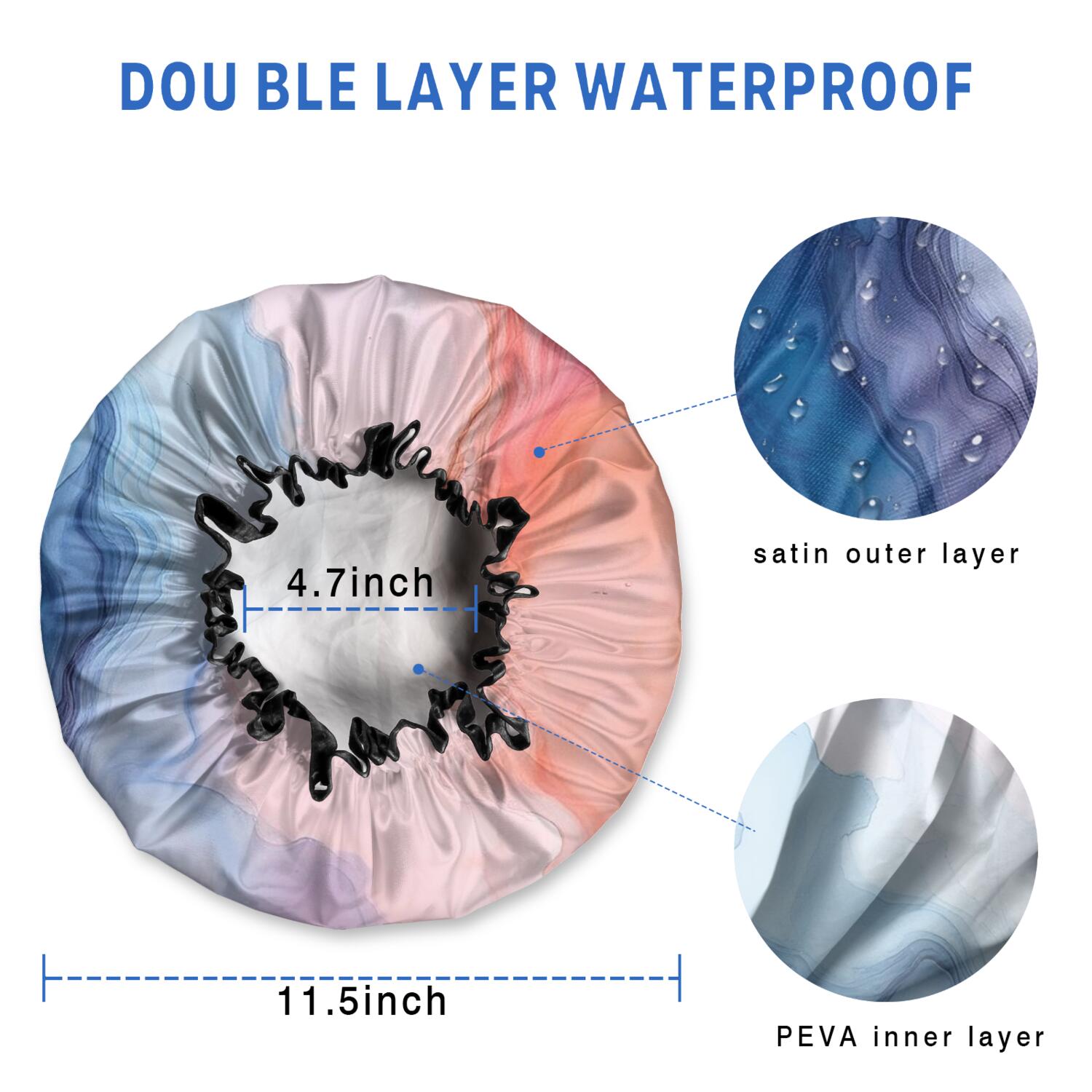 Shower Caps,Blue Red Purple Marble Pattern Waterproof Shower Cap for Women 4 Pieces,Double Reusable Hair Cover for Shower PEVA Elastic Stretch Hem