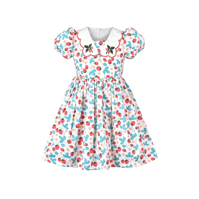 Robe Fille Col Pétale en Coton Broderie Fraise Vintage 8 Ans