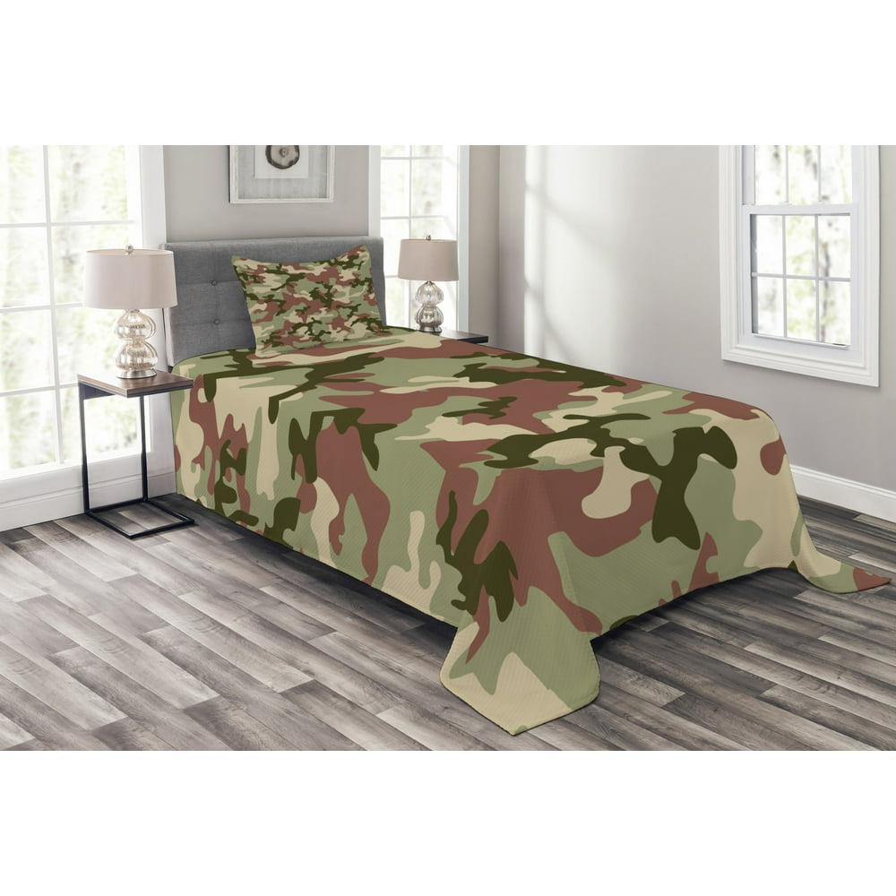 Camo Bedspread Set Twin Size, Illustrated Green Camouflage in Forest