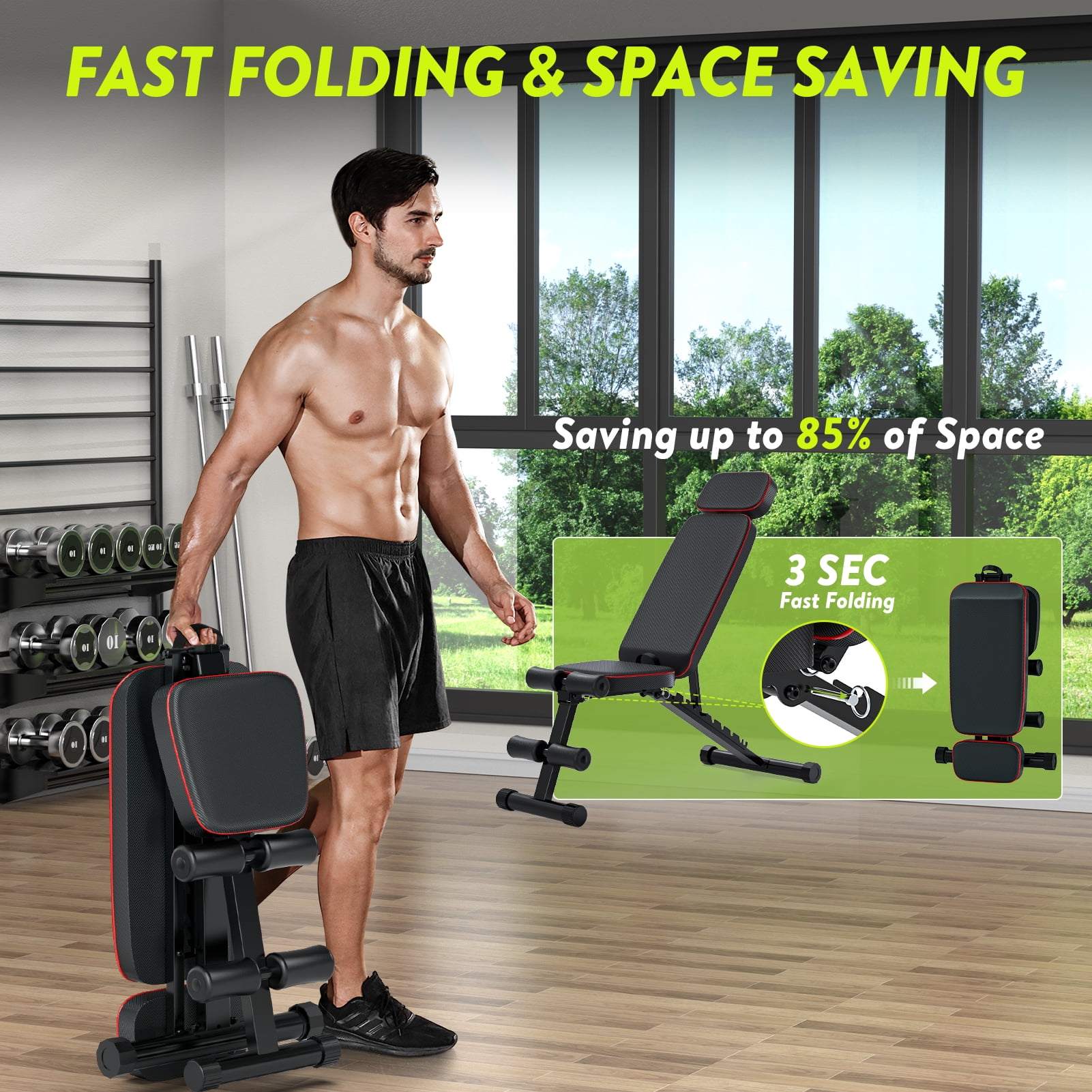 Adjustable Weight Bench Foldable -800LB Workout Bench, Extended head and neck protection design, 3 Sec Fast Folding Multi-Purpose for Full Body Workout