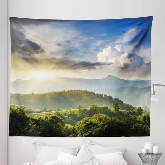 Country Home Tapestry, Rising Sun Clouds over Forest Hill Woodland Idyllic Countryside View, Fabric Wall Hanging Decor for Bedroom Living Room Dorm, 5 Sizes, Olive Green Blue Yellow, by Ambesonne