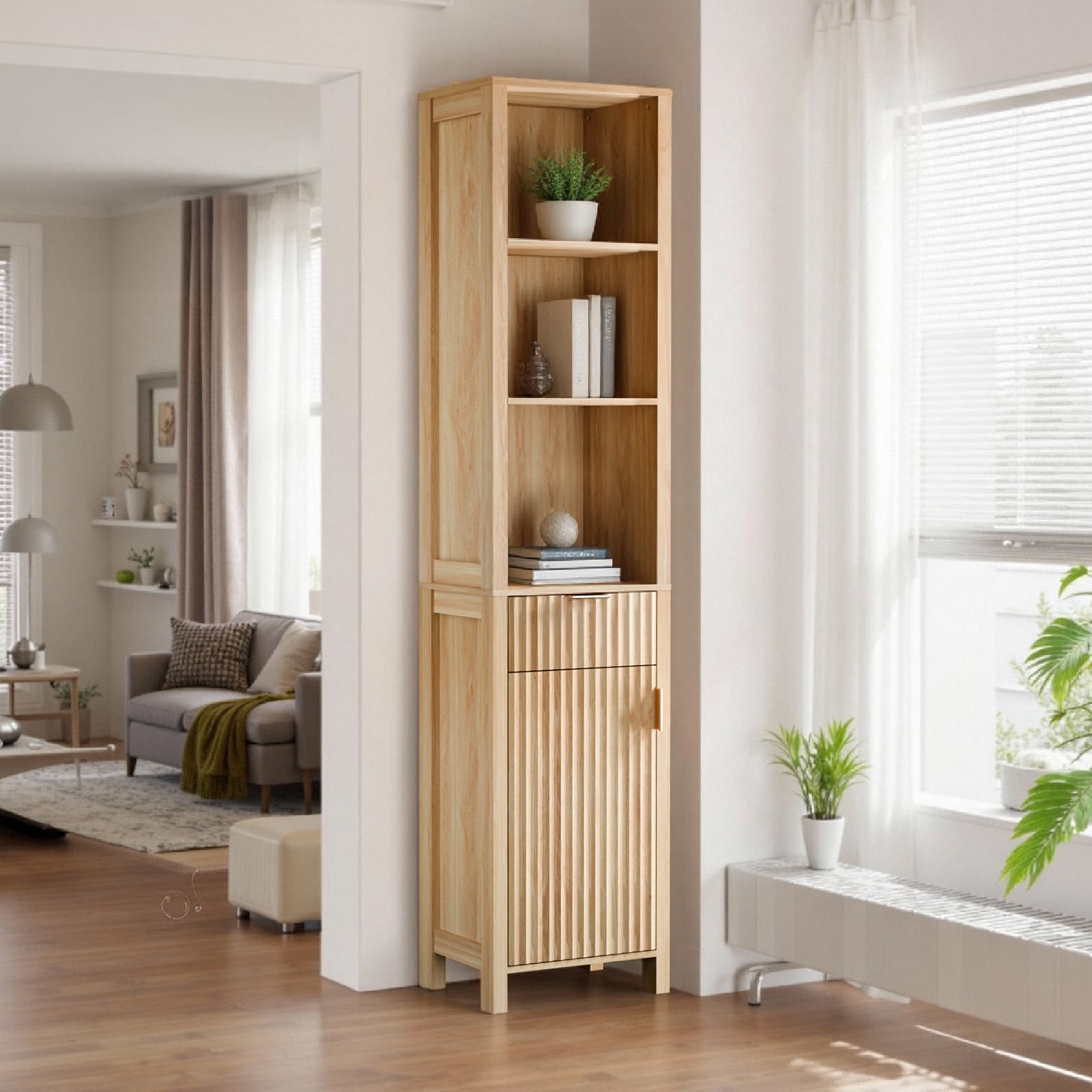 Ktaxon Fluted Bathroom Storage Cabinet Narrow Tall, Freestanding Cabinet Storage Tower with Grille Single Door and One Drawer, Oak