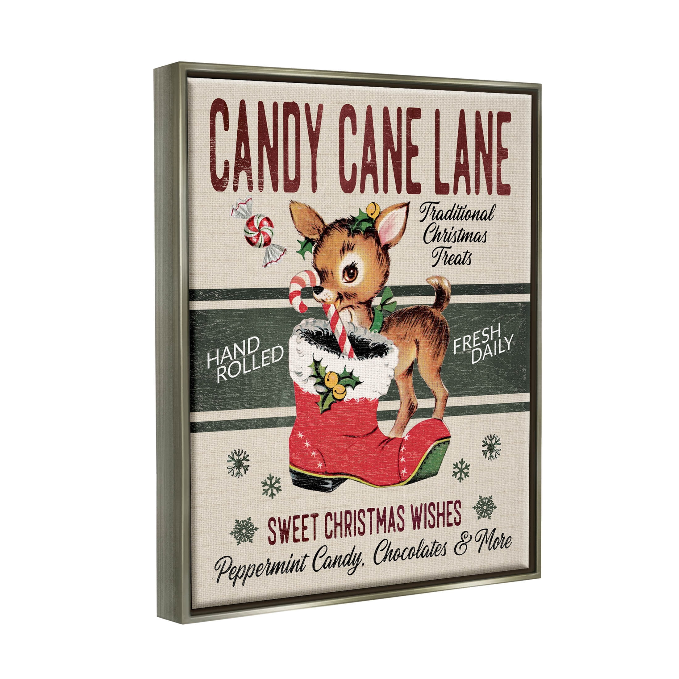 Candy Cane Lane Vintage Reindeer Boot Holiday Graphic Art Luster Gray Framed Art Print Wall Art