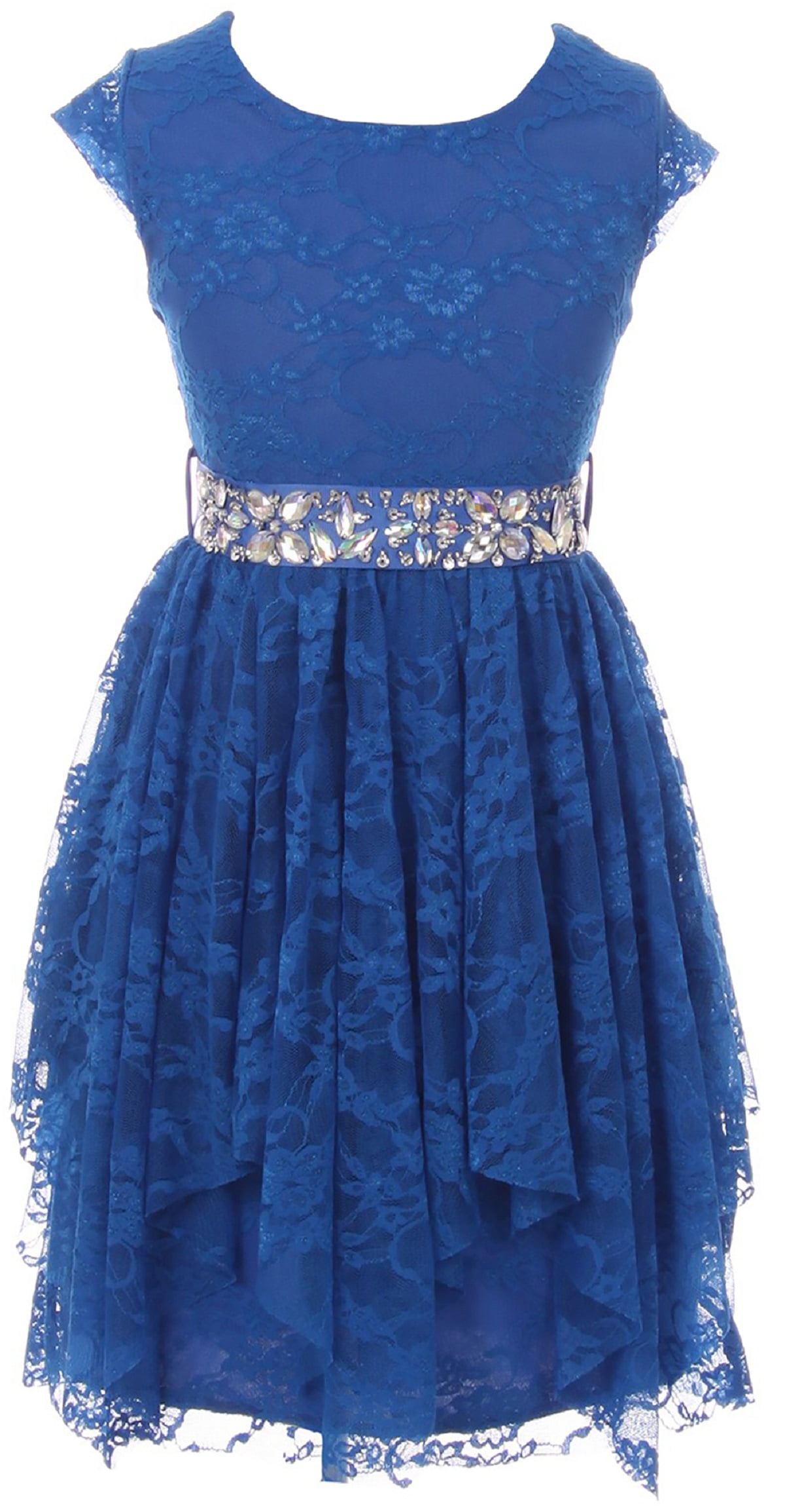 Little Girls Cap Sleeve Floral Lace Rhinestones Belt Asymmetrical