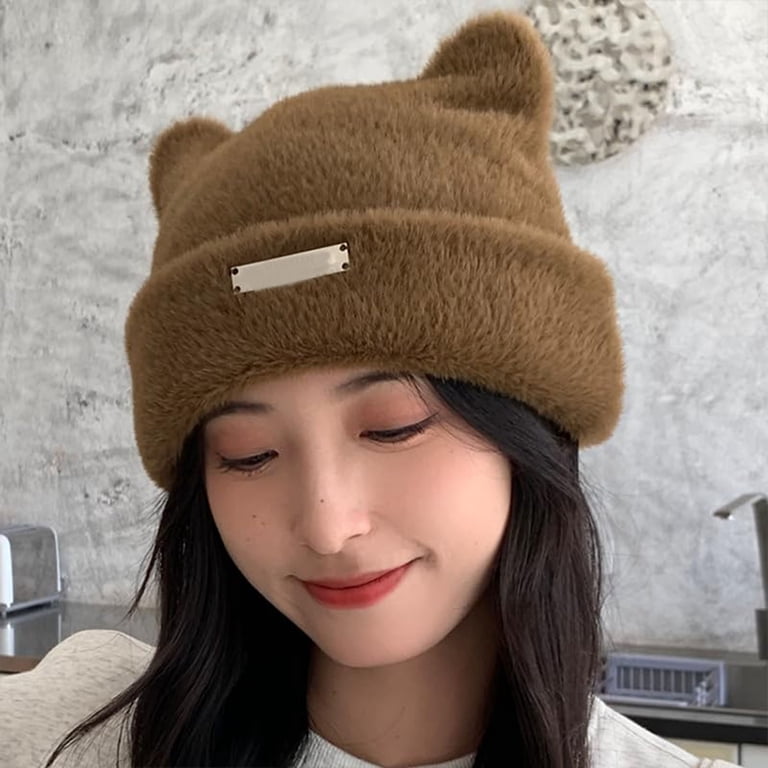 Fuzzy Bear Ears Beanie Hat for Women Faux Fur Woolen Winter Keeps Head Warm Caissip Y2K Beanie Hat for Women Cute Fuzzy Bear Ear Beanie  main image 4